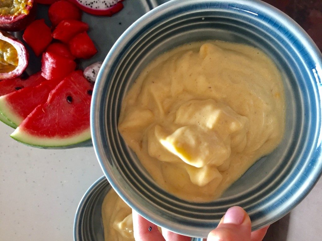 Once the ice-cream is ready, top it up with fruits and eat immediately or just put in back to freezer :). Almost ready breakfast.