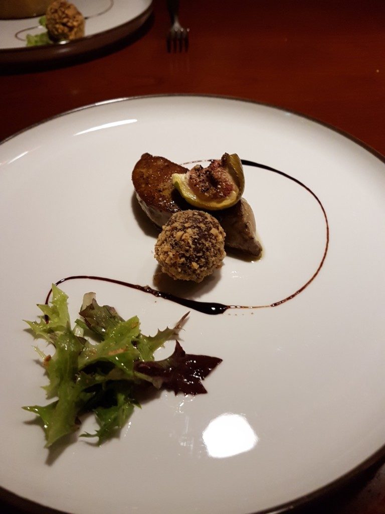 pan-seared foie gras with grilled fig - foie gras ganache with hazelnut and chocolate balsamic