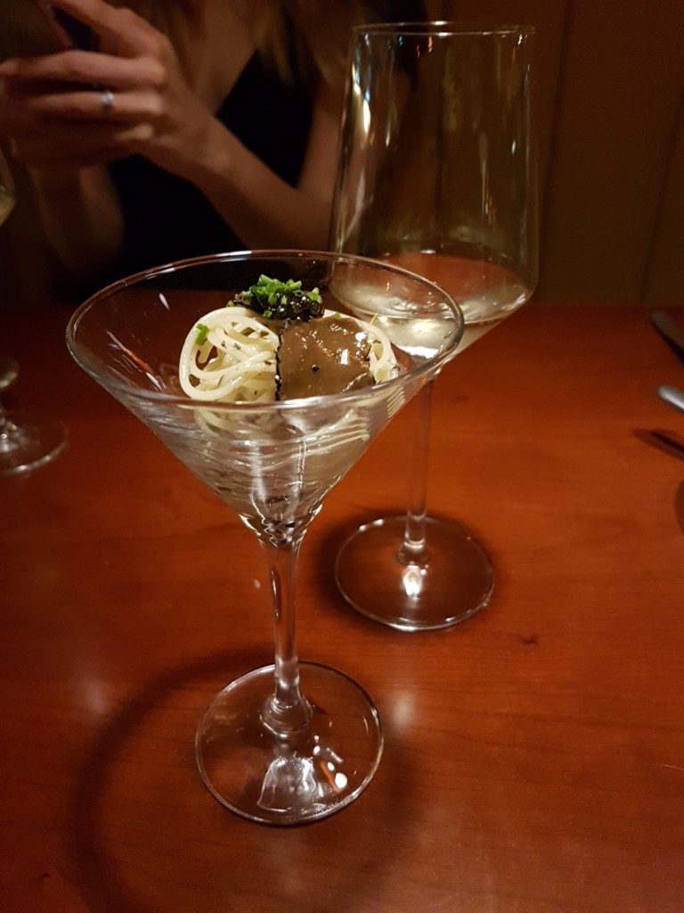 Angel hair pasta with champagne vinegar, topped with caviar, fresh chives